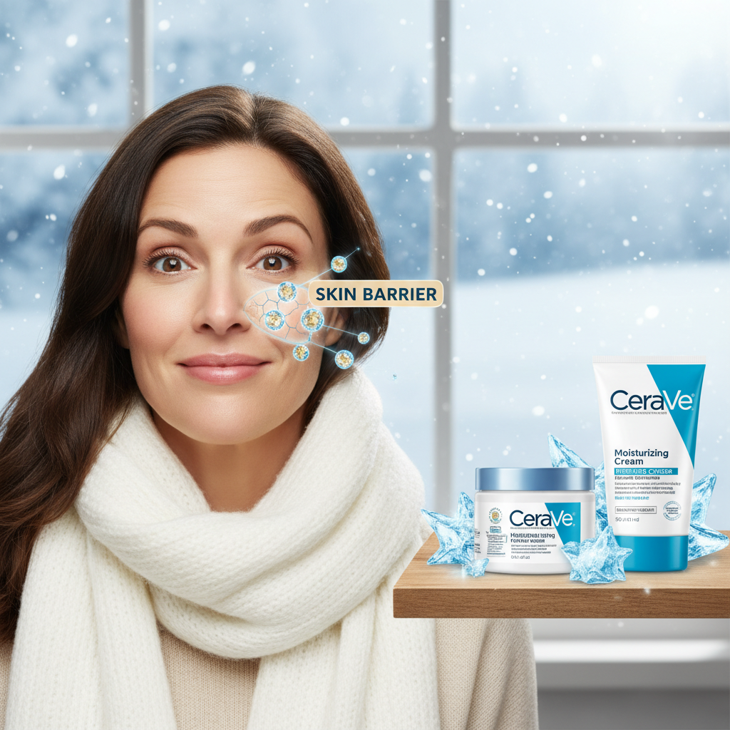 Close-up of CeraVe key ingredients including ceramides, hyaluronic acid, niacinamide, salicylic acid with dermatology theme