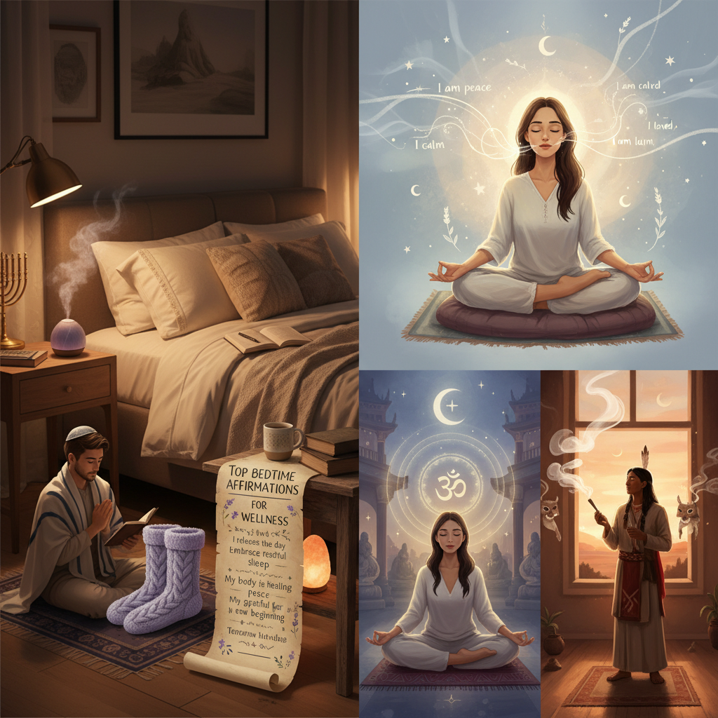 A peaceful bedroom scene at night with dimmed lights, lavender scent, and cozy socks on a bed, depicting a relaxing environment for bedtime affirmations.