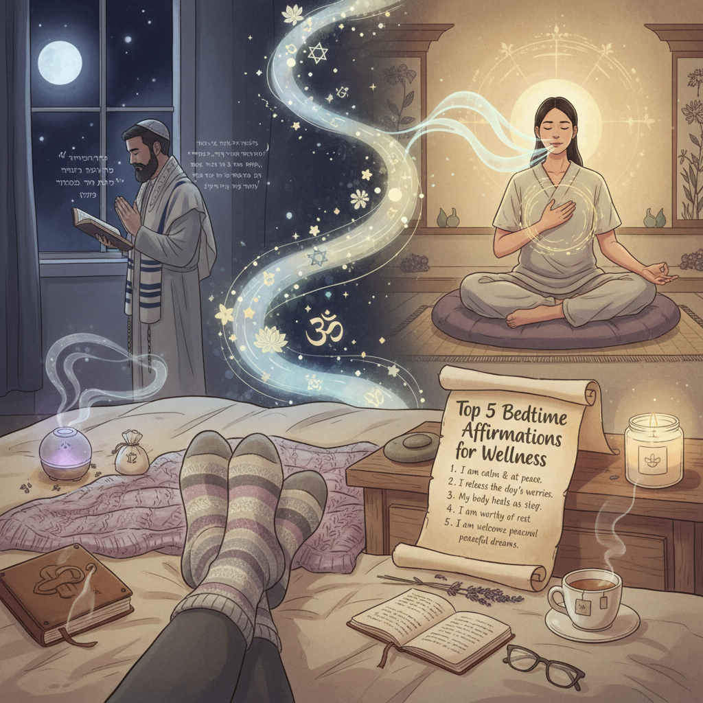 An illustration of a person practicing deep breathing and softly whispering calming bedtime affirmations, with a serene expression and gentle light surrounding them.