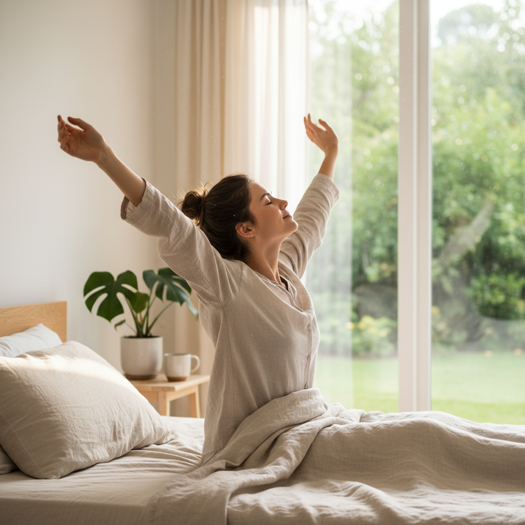 A calm and serene morning scene showing a person waking up gently with deep breathing, stretching arms by the window with soft morning light.
