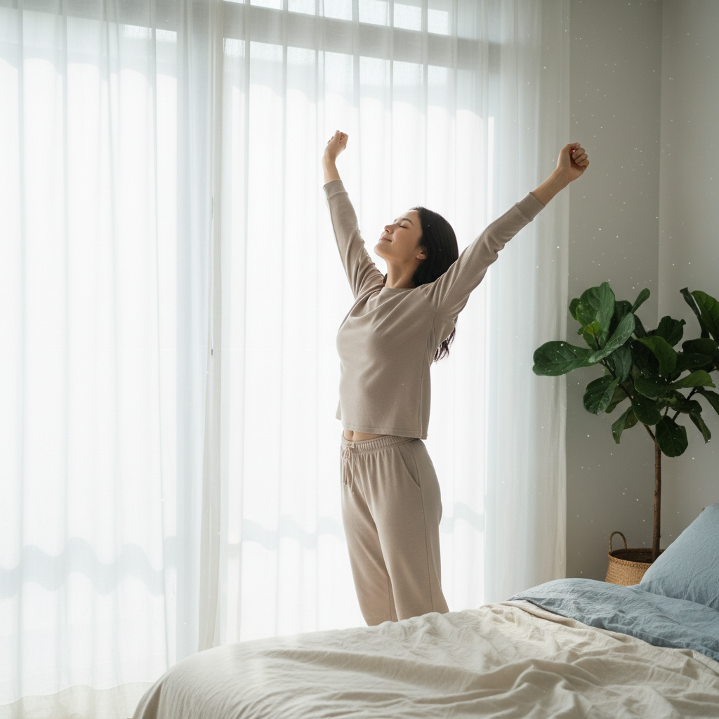Step-by-step depiction of a mindful morning routine including waking up gently, drinking lemon water, doing gentle yoga stretches, meditating, practicing gratitude, and setting intentions, in a peaceful and inviting home setting.