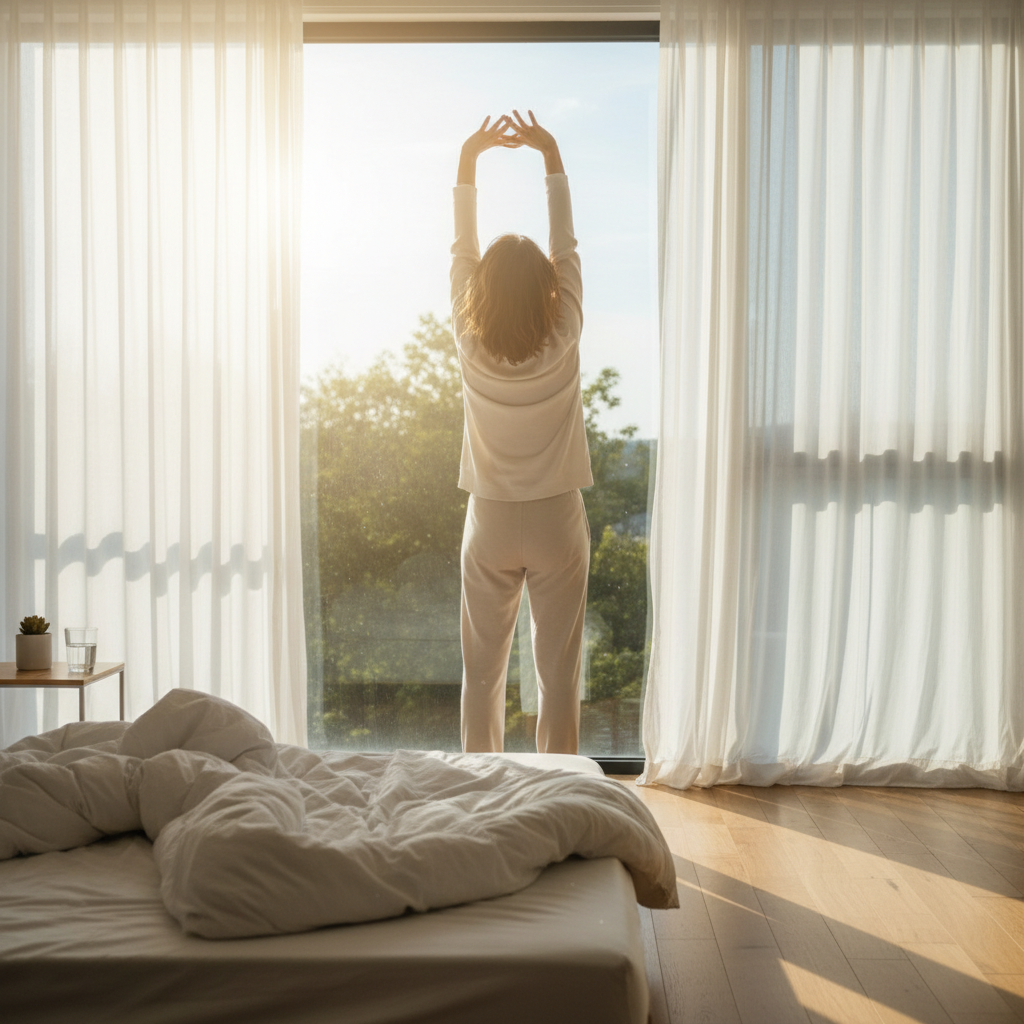 A cozy and peaceful space with natural light, candles, greenery, and comfortable seating representing a sacred space for mindfulness, with cultural elements symbolizing Ikigai and Hygge traditions.