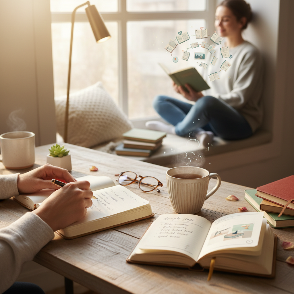 Illustration showing a person happily writing in a journal regularly, representing consistent journaling without burnout