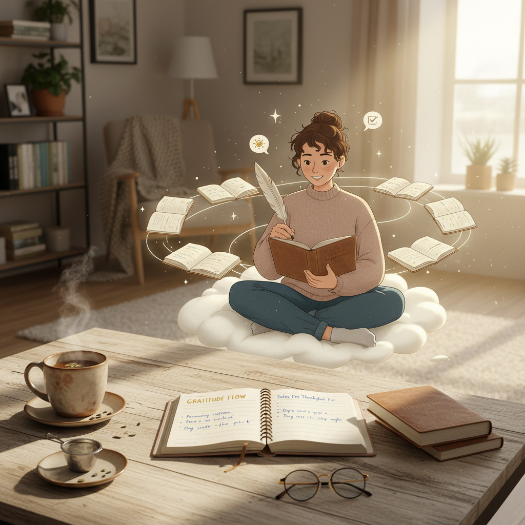 Conceptual image of a person reflecting and smiling while looking at past journal entries, symbolizing reflection and motivation