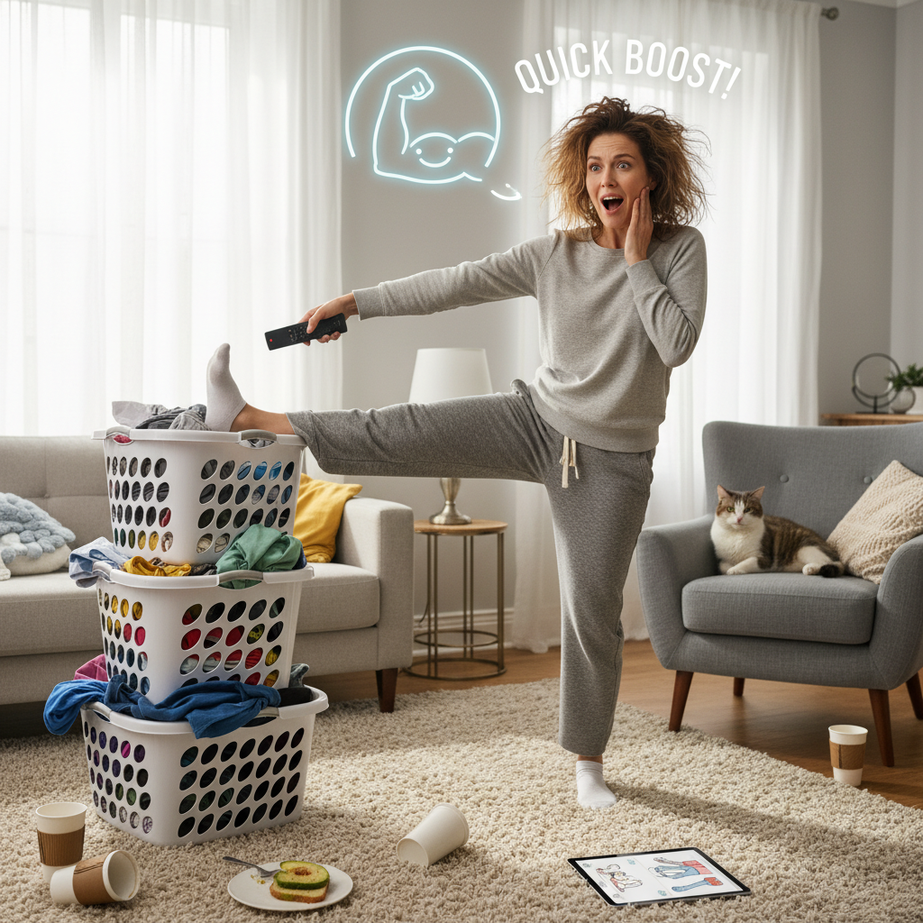Illustration of quick at-home stretching exercises boosting flexibility, showing a person stretching in a cozy home setting to emphasize ease and accessibility.
