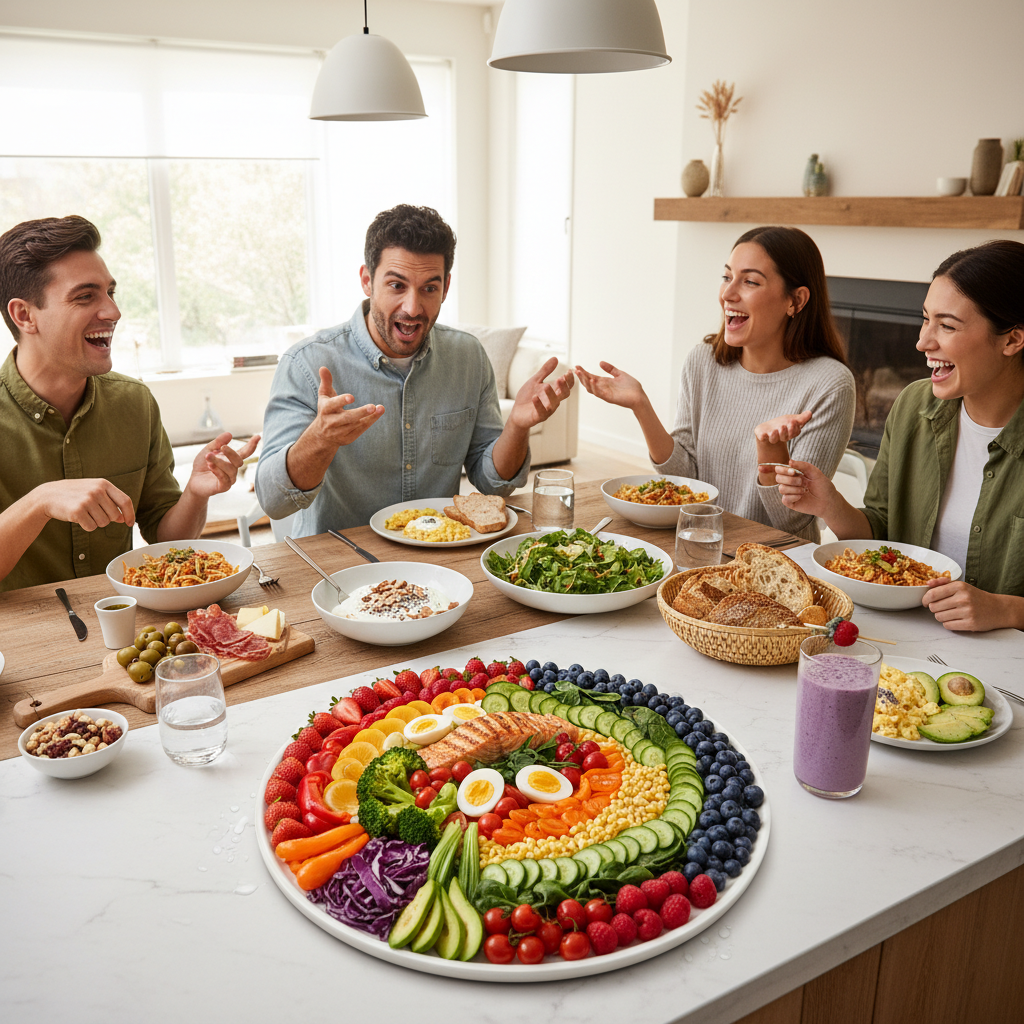An illustration of a balanced plate showing a variety of nutritious foods with a focus on protein, colorful fruits and vegetables, and healthy fats, symbolizing easy self care nutrition habits.