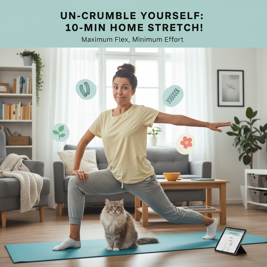 Visual depiction of the benefits of quick stretching: enhanced blood circulation, improved posture, muscle tightness release, and preparation for physical activity, possibly with icons or a person moving energetically.