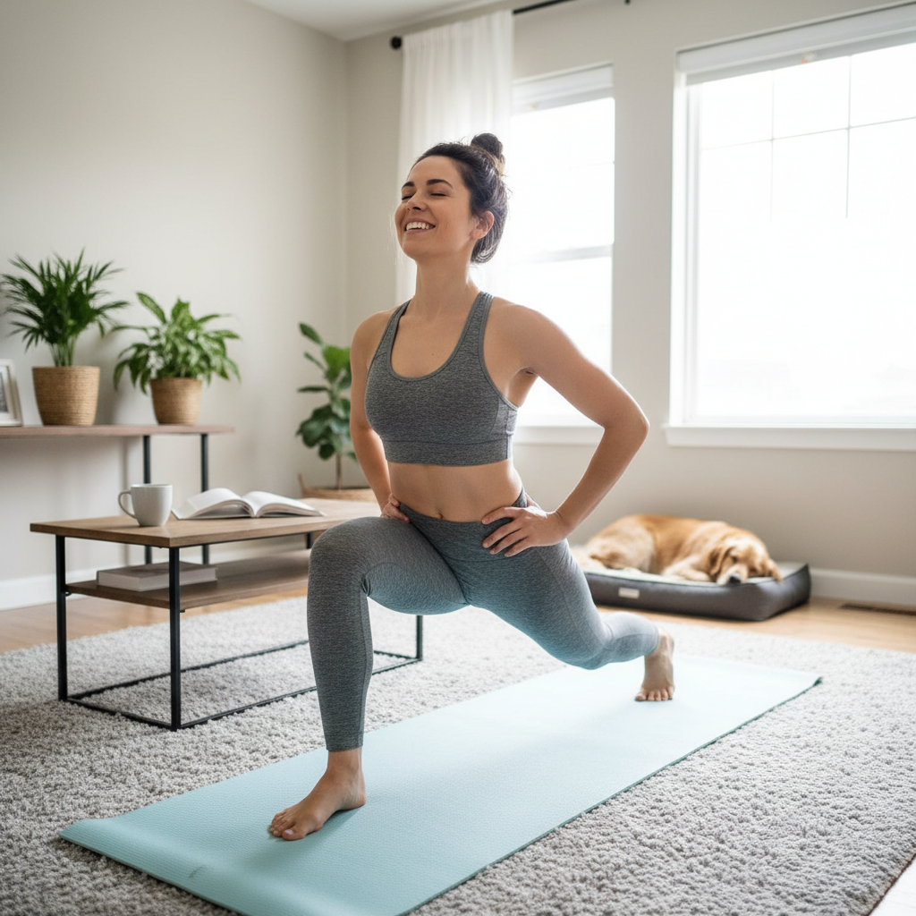 Step-by-step images or diagrams of the 'Easy 10-Minute At-Home Stretching Routine' including key stretches like Runner’s Stretch, Forward Fold, Seated Spinal Twist, and Doorway Chest Stretch, highlighting proper form.