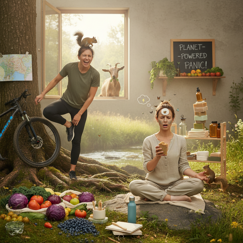 An inspiring outdoor scene showing a person engaging in mindful movement activities such as hiking, cycling, or practicing yoga in a lush green park or forest, highlighting joy and connection with nature.