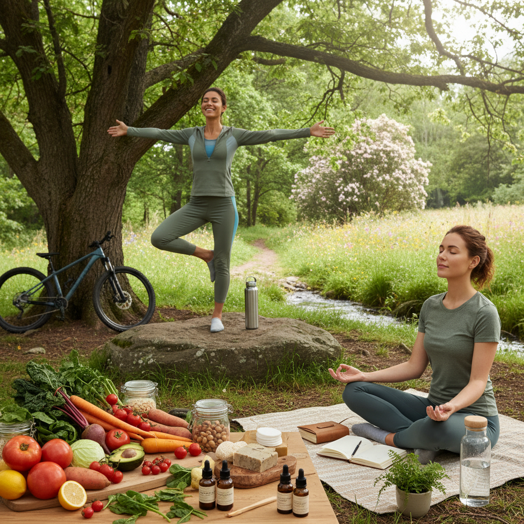 A vibrant kitchen scene featuring fresh, colorful local and seasonal fruits and vegetables, with a focus on plant-based, whole foods being prepared, symbolizing conscious nutrition for health and the planet.