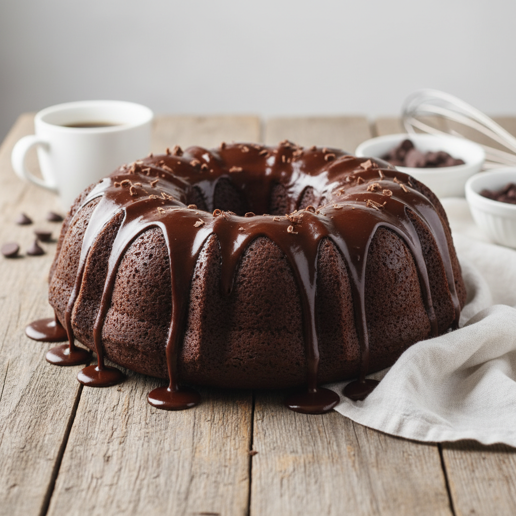 A beautifully styled image of a moist chocolate bundt cake with glossy chocolate ganache glaze dripping down the sides, placed on a rustic wooden table.