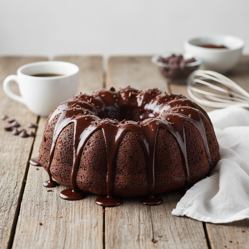 A close-up photo of pouring rich, shiny chocolate ganache glaze over the cooled cake, capturing the smooth drips flowing down the bundt cake curves, with a whisk and saucepan in the background.