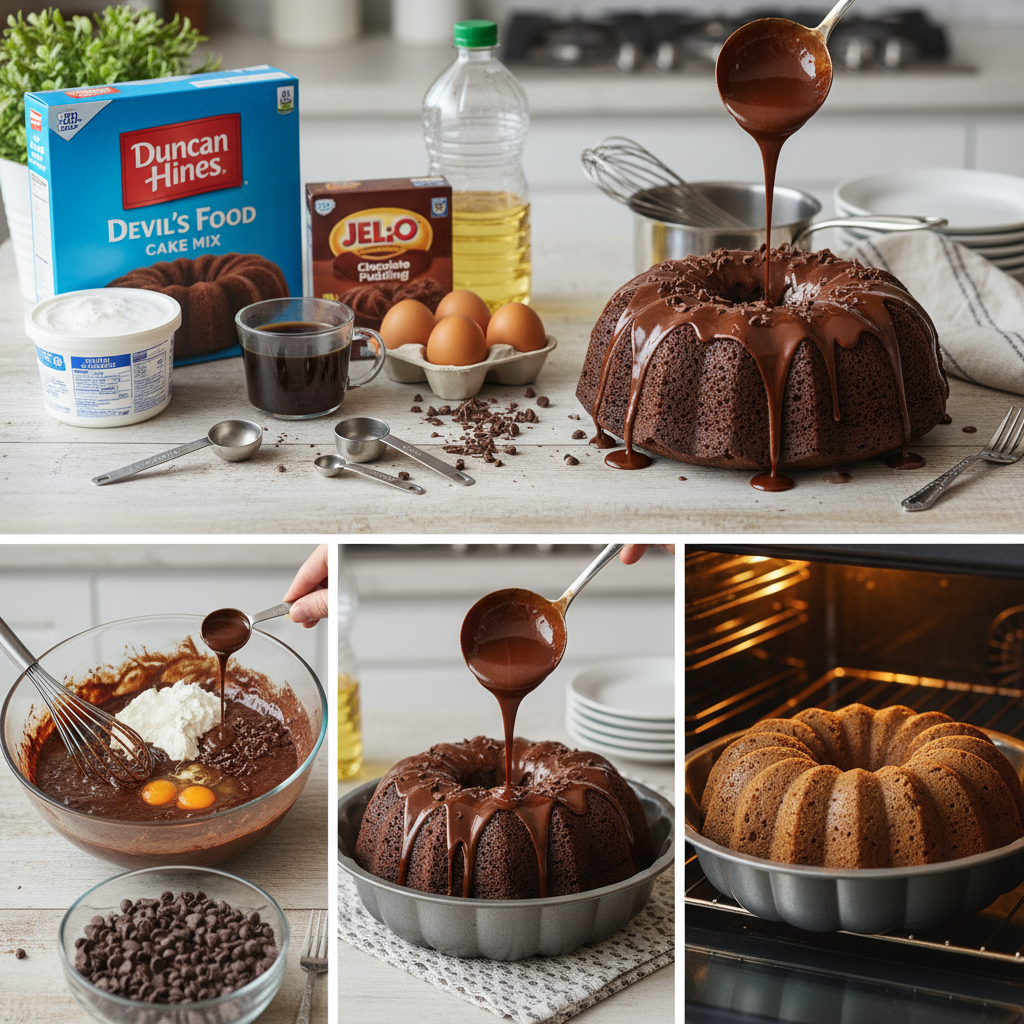 A flat lay image of all key ingredients needed for a chocolate bundt cake recipe, including a box of chocolate cake mix, instant chocolate pudding mix, sour cream, vegetable oil, eggs, coffee, and chocolate chips arranged neatly with measuring tools.