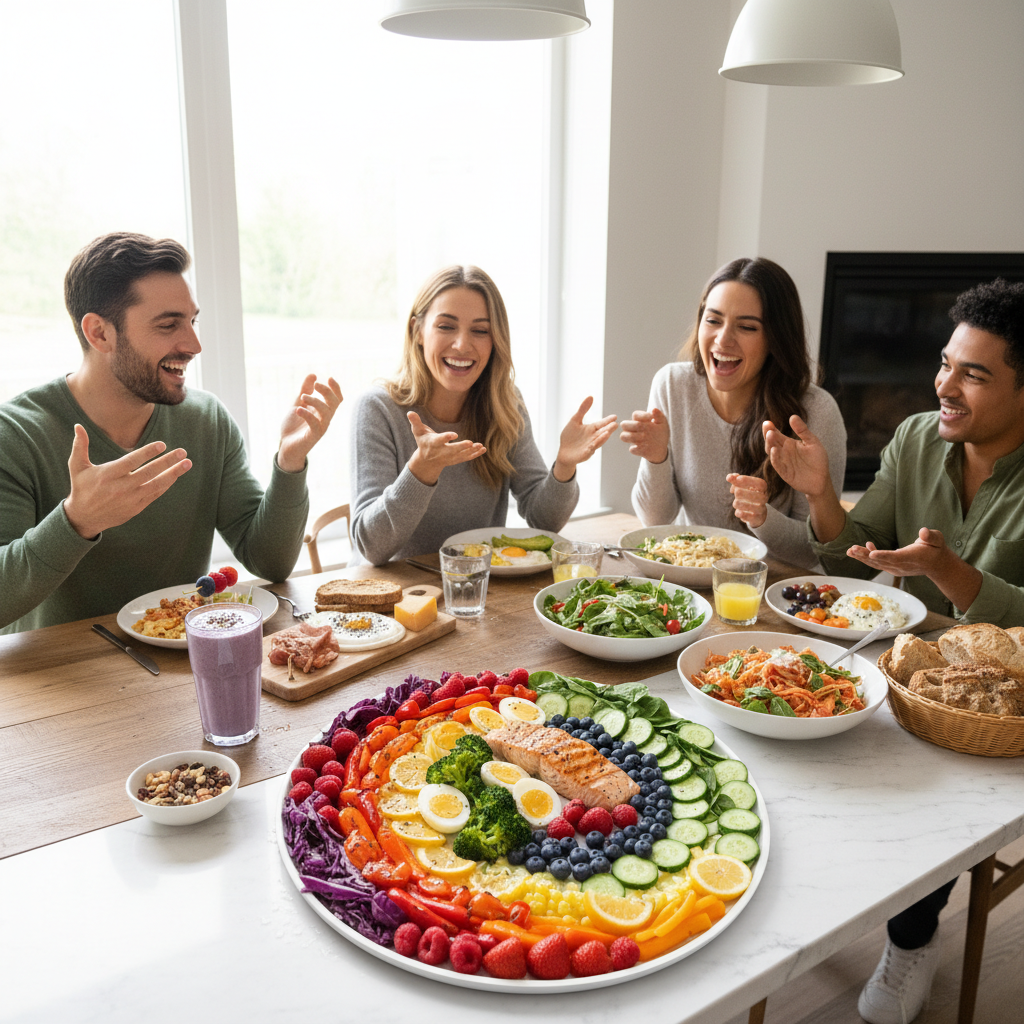 A cozy social meal setting with people sharing food, representing the social side of nourishment and the enjoyment of eating together as part of wellness.