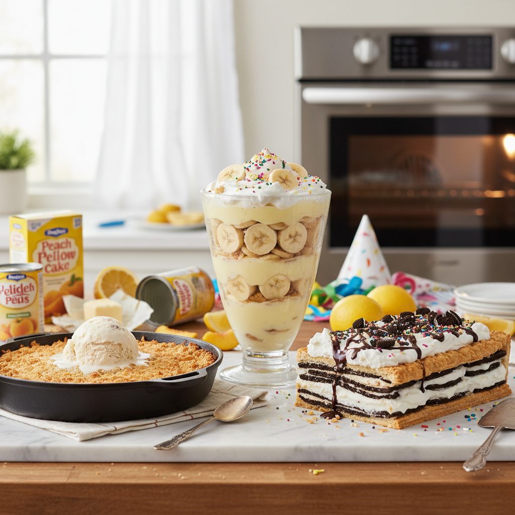 A no-bake Ice Cream Sandwich Cake with visible layers of ice cream sandwiches and whipped topping, drizzled with chocolate syrup and decorated with colorful sprinkles or crushed cookies, set on a party table.