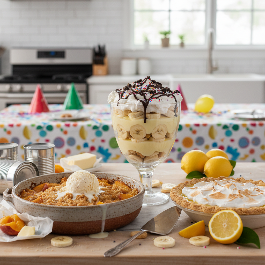 A warm, gooey Peach Cobbler Dump Cake fresh out of the oven, served in a rustic baking dish with a scoop of vanilla ice cream melting on top, surrounded by canned peaches and cake mix ingredients.