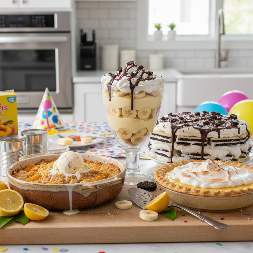 A layered Easy Banana Pudding dessert in a glass trifle dish, showcasing vanilla pudding, banana slices, and vanilla wafers, chilled and garnished with whipped topping.