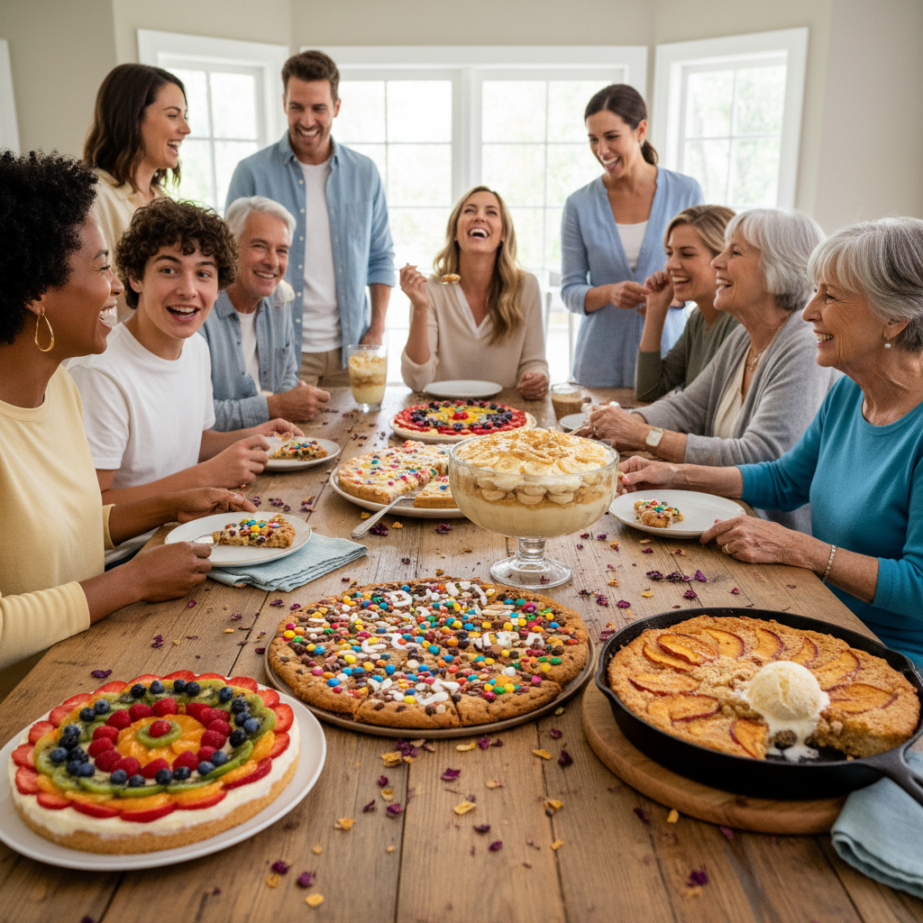 A cheerful kitchen scene showing someone preparing desserts ahead of time, with ingredients and desserts like bowls of pudding, cookie dough, and fresh fruit arranged neatly, representing tips for successful family celebration desserts.