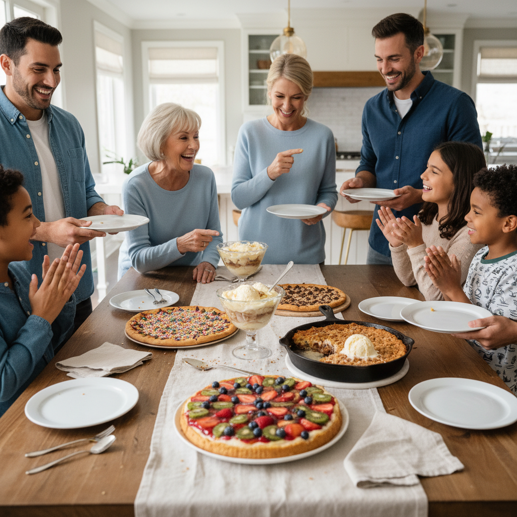 A cozy scene illustrating cultural diversity in desserts: a Southern-style banana pudding, Mediterranean-inspired fruit tart, and peach cobbler dump cake on a rustic kitchen table, evoking personal and cultural connections through food.
