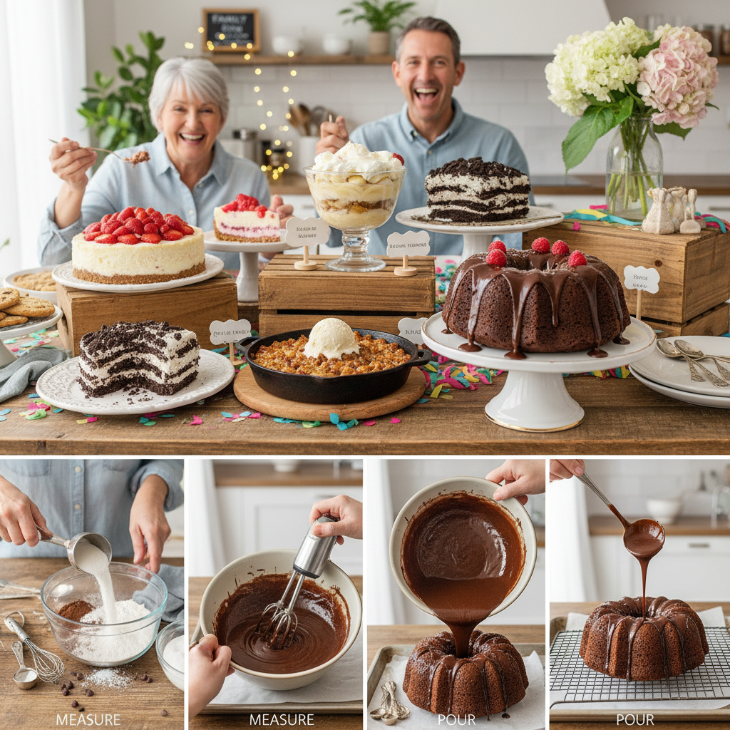 A joyful family gathering around a table enjoying various homemade desserts, highlighting the warmth and togetherness of family celebrations.