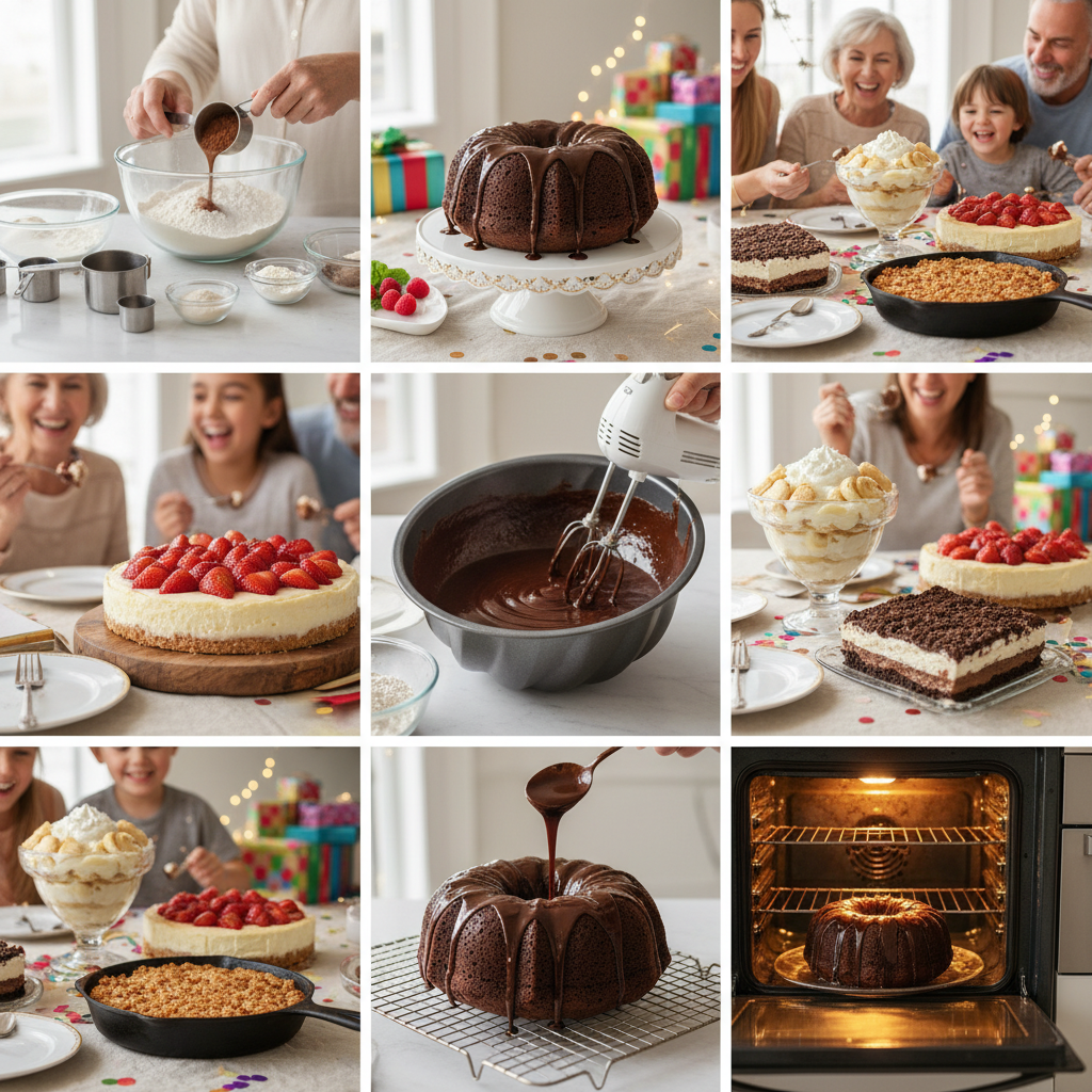 An assortment of top family celebration desserts including classic banana pudding, strawberry cheesecake, chocolate lasagna, and pecan pie cobbler displayed on a festive table.