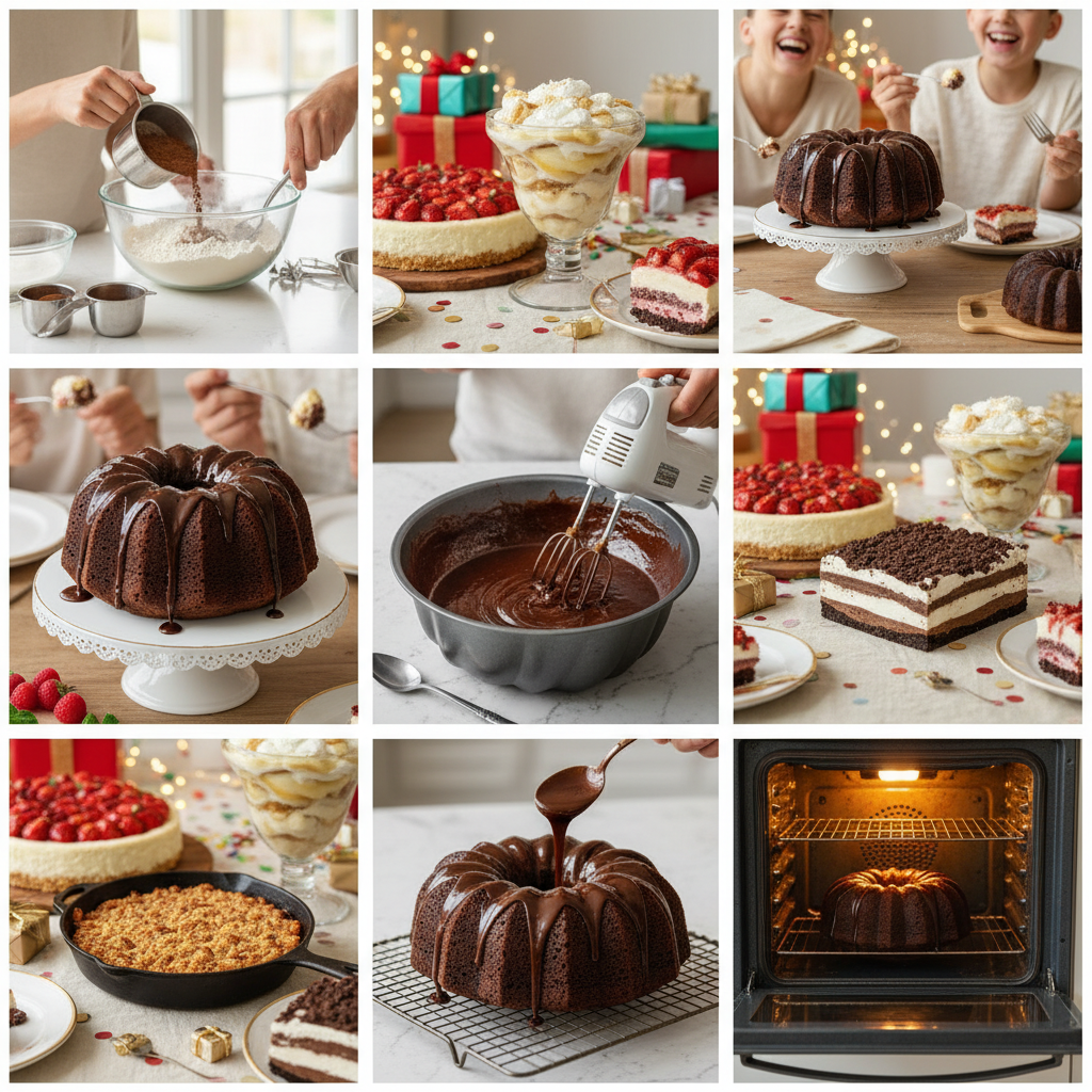 A close-up of a moist chocolate bundt cake with glossy ganache topping, beautifully presented on a cake stand with decorations in the background.