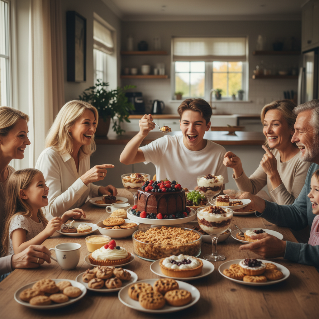 A warm and inviting family gathering with desserts featured prominently on the table, highlighting the joy and bonding that desserts bring to celebrations.