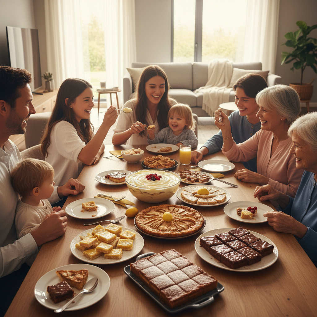An elegant presentation of celebration desserts on a table, featuring garnishes like powdered sugar, fresh berries, edible flowers, and a variety of desserts appealing to different tastes.