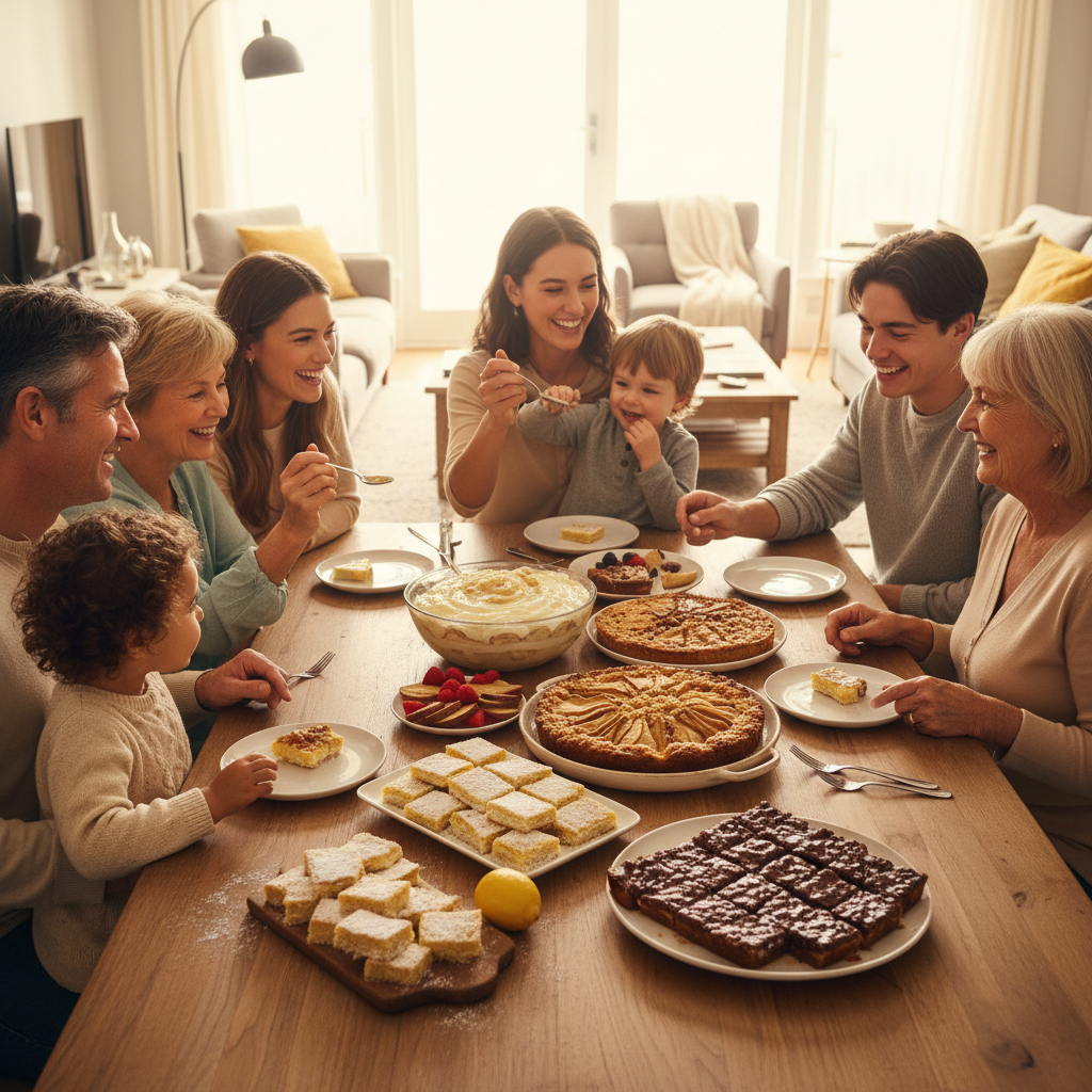 A collage or arrangement showcasing the top delicious desserts: easy banana pudding, spiced pear cobbler with vanilla ice cream, bright lemon bars, and a chocolate crunch caramel drizzle traybake.