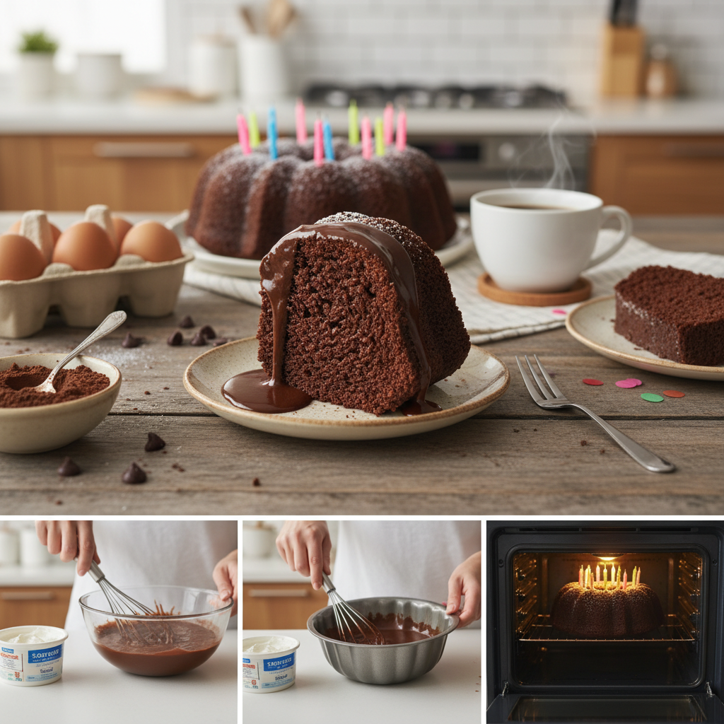 A close-up of a chocolate bundt cake slice showcasing its moist, fudgy texture with chocolate glaze dripping over the sides, coffee cup in the background enhancing the chocolate flavor theme.