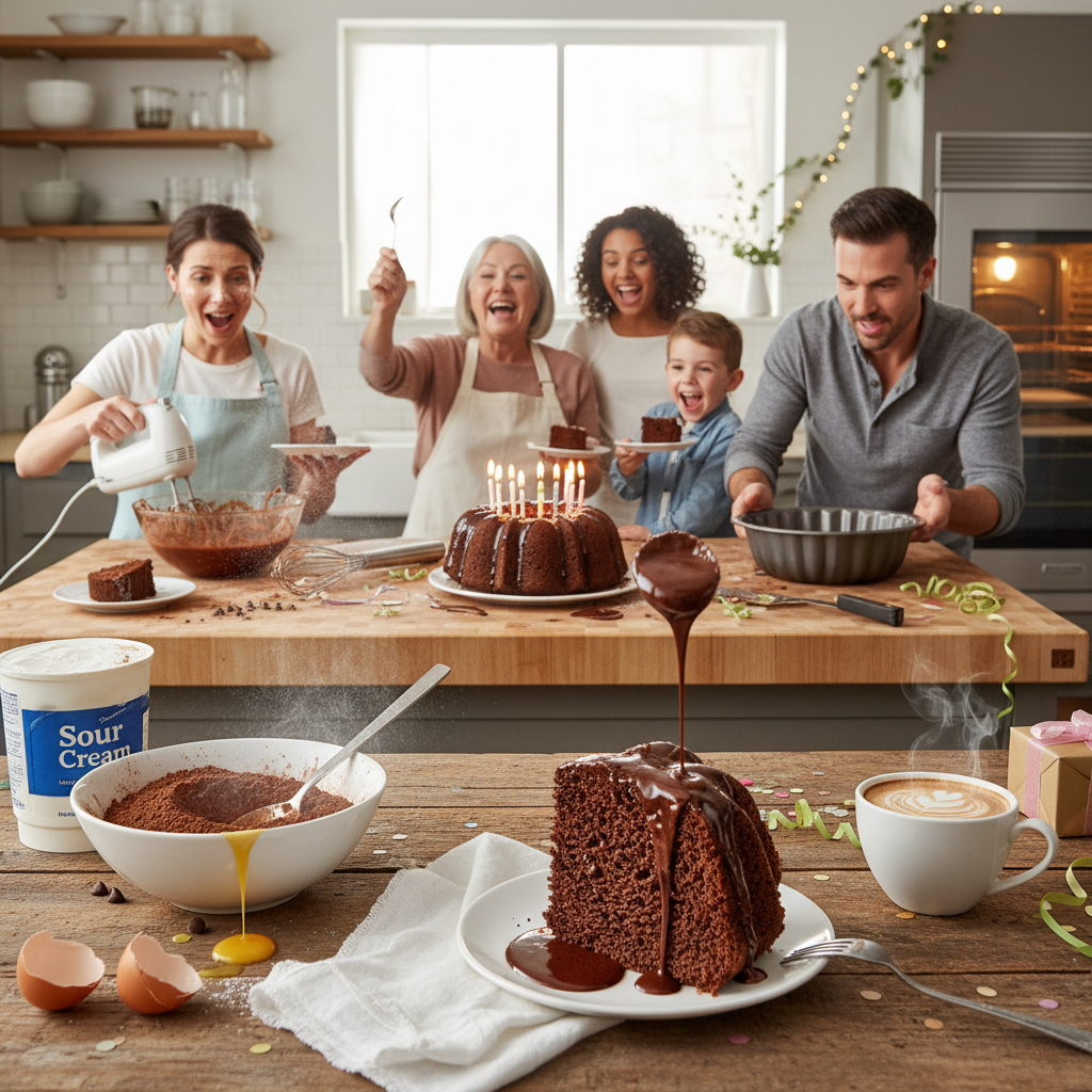 An organized kitchen scene showing step-by-step baking process: mixing ingredients in bowls, pouring batter into a bundt pan, and placing the pan into the oven.