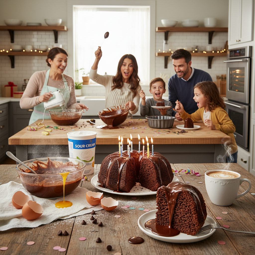A homemade moist chocolate bundt cake on a rustic wooden table, surrounded by simple ingredients like cocoa powder, eggs, and sour cream, with a warm and inviting kitchen background.