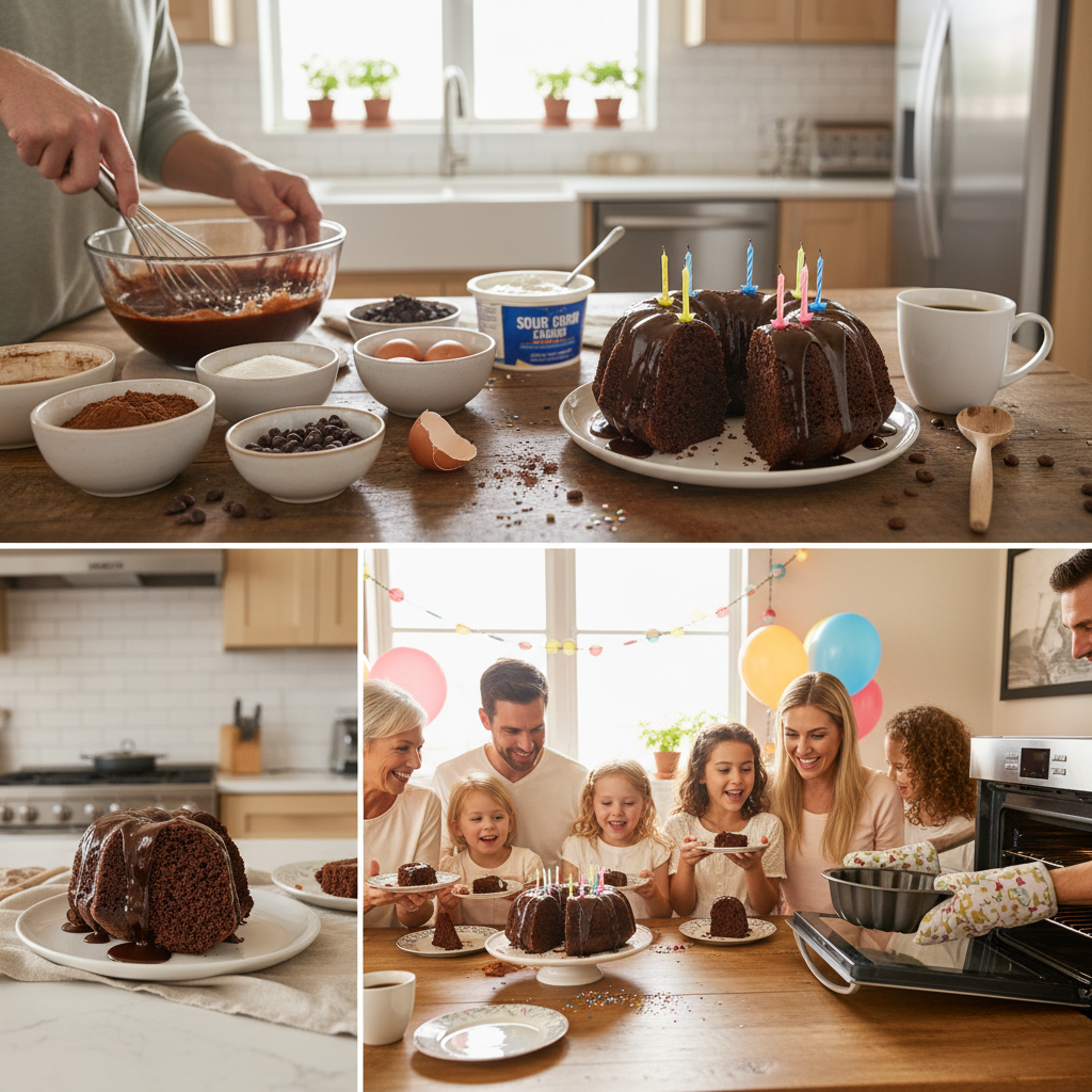 A festive family celebration table with the chocolate bundt cake as the centerpiece, decorated with candles and surrounded by happy family members enjoying the dessert.
