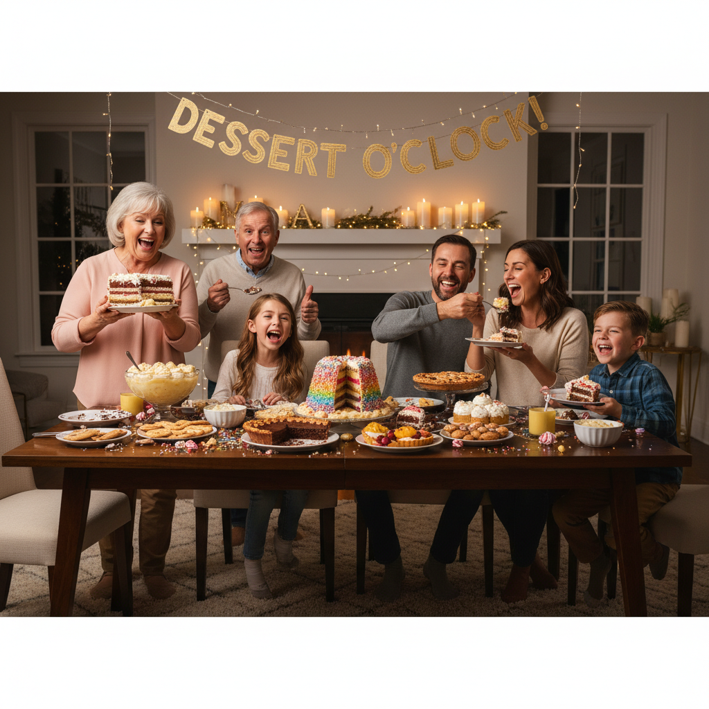 A cozy family celebration scene with a table full of delicious homemade desserts, warm lighting, children and adults enjoying together, emphasizing the joy of sweet treats in family gatherings.