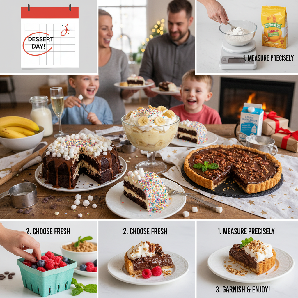 An inviting close-up image of moist, homemade desserts like banana pudding, poke cake, and Mississippi mud pie, showcasing texture and freshness, with elements like ingredients and baking tools subtly included.