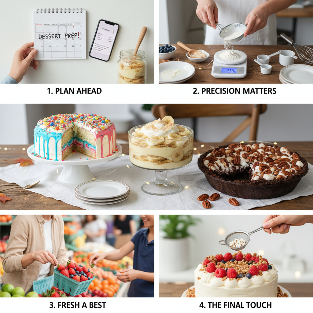 An artistic food photography shot featuring the top 3 crowd-pleasing desserts: layers of classic banana pudding, colorful poke cake with sprinkles, and indulgent Mississippi mud pie with chocolate and pecan toppings, styled elegantly on a festive table.