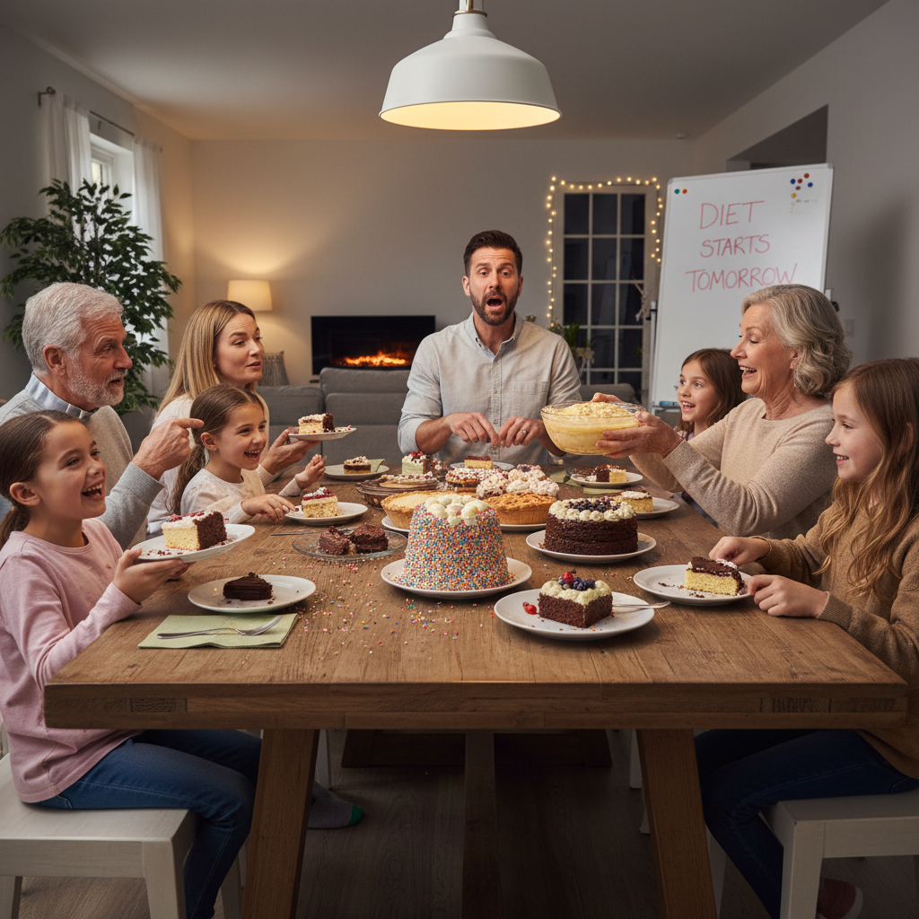 A step-by-step illustrated guide scene showing key dessert preparation tips: planning ahead with a calendar, measuring ingredients with a kitchen scale, selecting fresh fruits, and garnishing desserts with nuts and berries, designed in a clean and inspiring style.