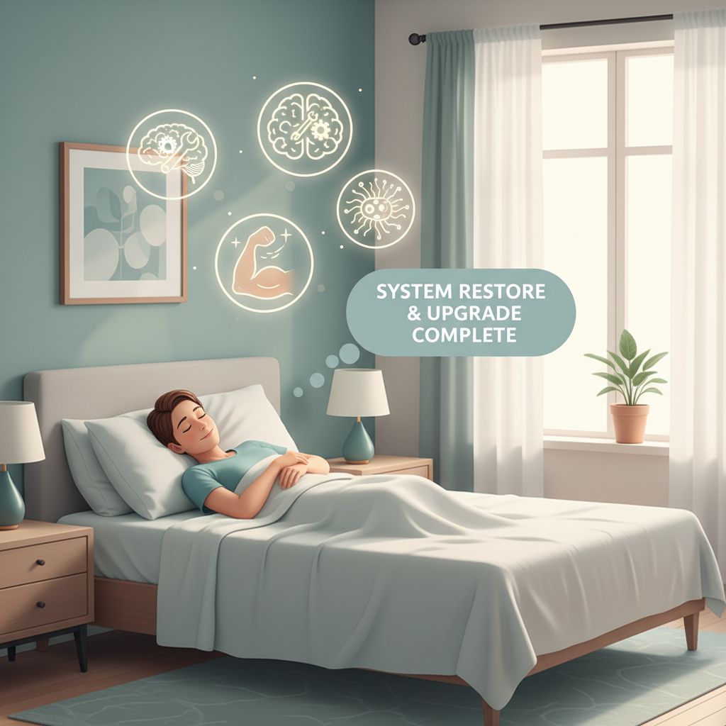 Illustration representing the importance of bedtime self care routine for deep sleep, showing a peaceful sleeping person with icons of brain, muscles, and tissues symbolizing body repair and restful sleep.