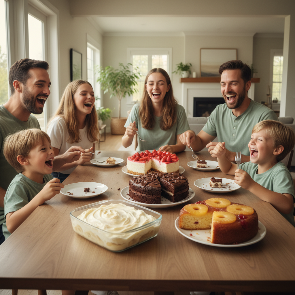 A beautiful assortment of the top desserts mentioned: classic strawberry cheesecake topped with fresh strawberries, moist chocolate brownie cake, easy banana pudding in a glass dish, and pineapple upside-down cake with caramelized pineapples.