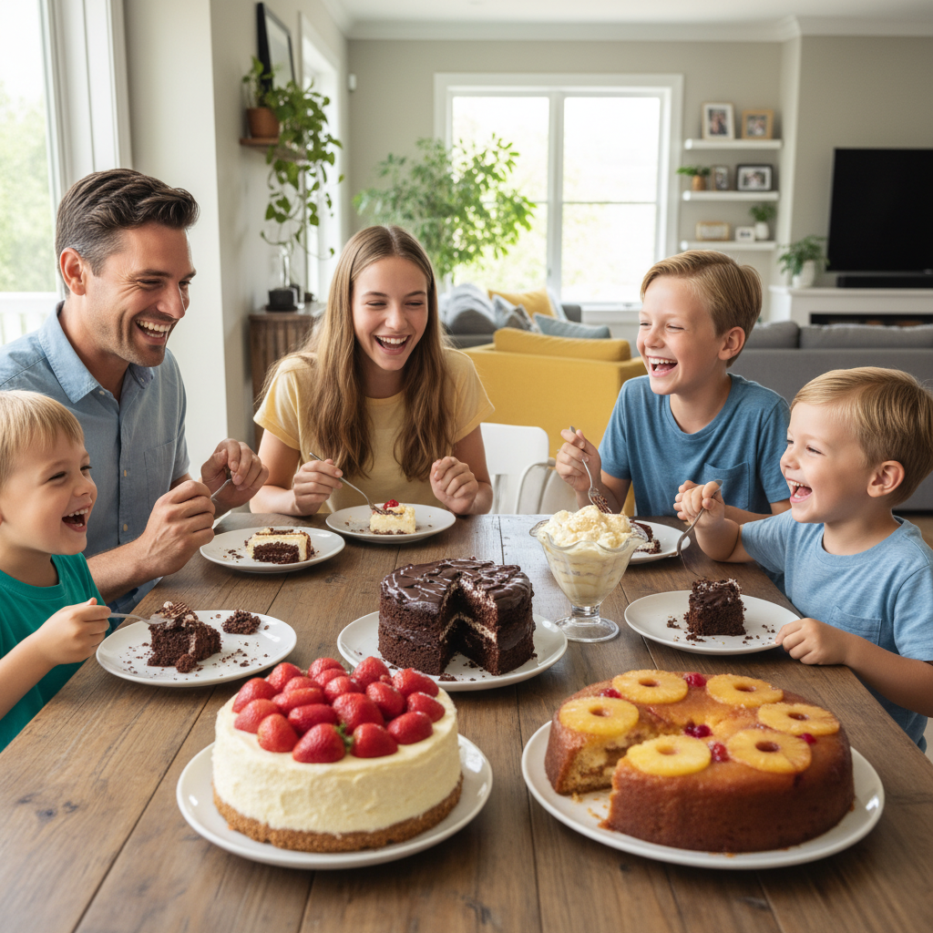 A warm and joyful family gathering around a table enjoying delicious, moist desserts together, highlighting laughter and bonding moments.