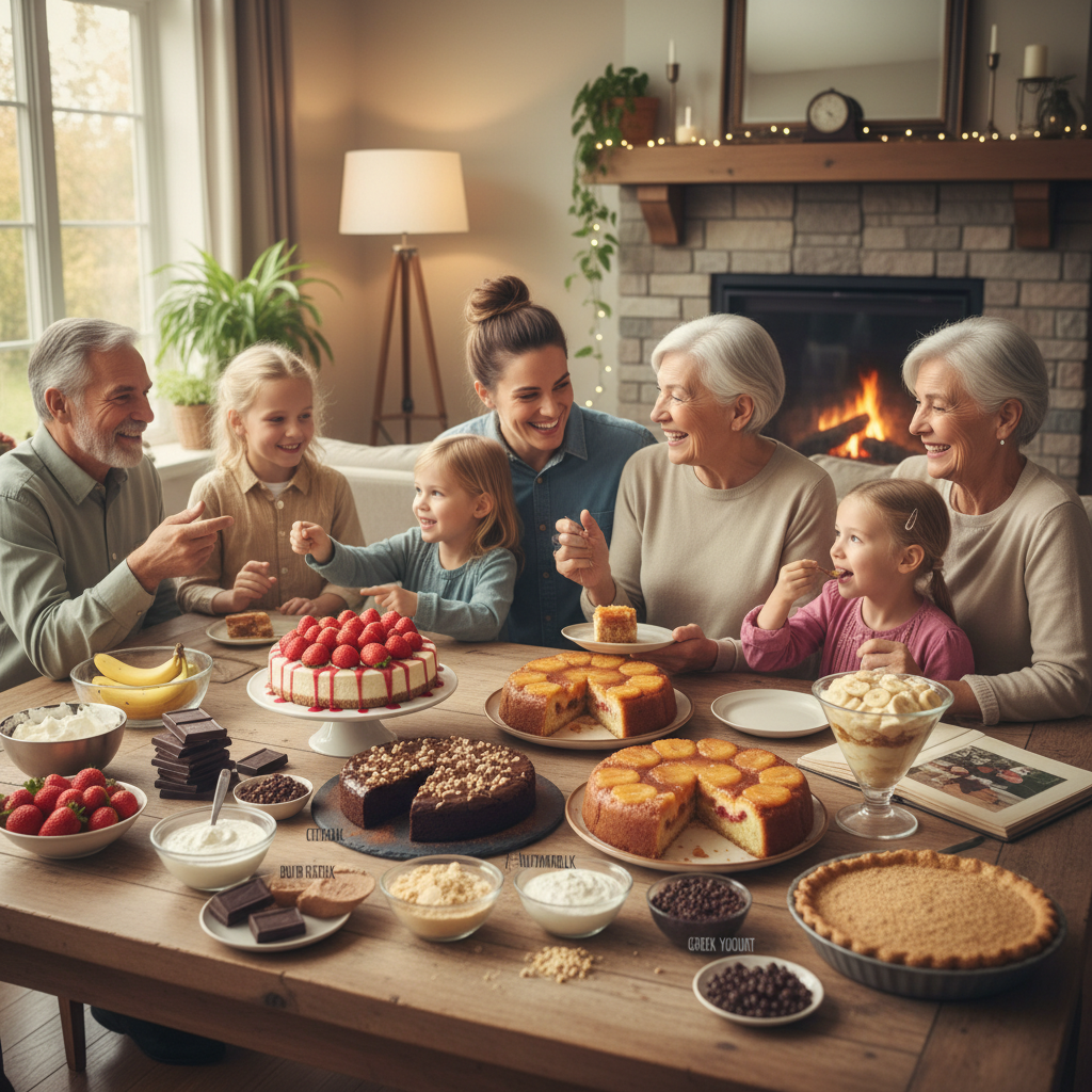 An inviting kitchen scene depicting tips for perfect family desserts: ingredients like sour cream, buttermilk, Greek yogurt, fresh fruits, quality chocolate, and a mix of textures being prepared.