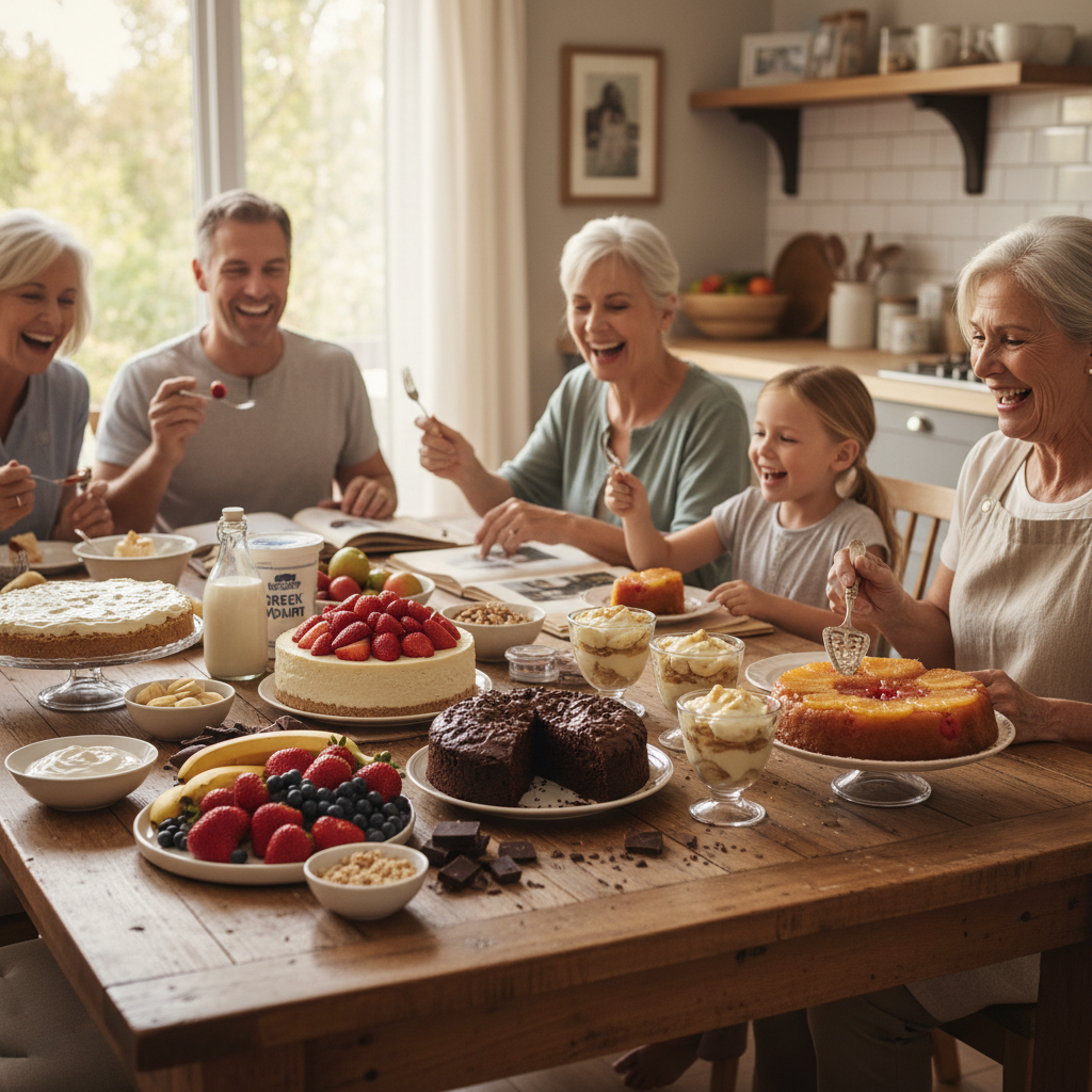 A nostalgic family setting showcasing desserts as part of family traditions: generations sharing pineapple upside-down cake and no-bake peanut butter pie, evoking warmth, memories, and celebration.