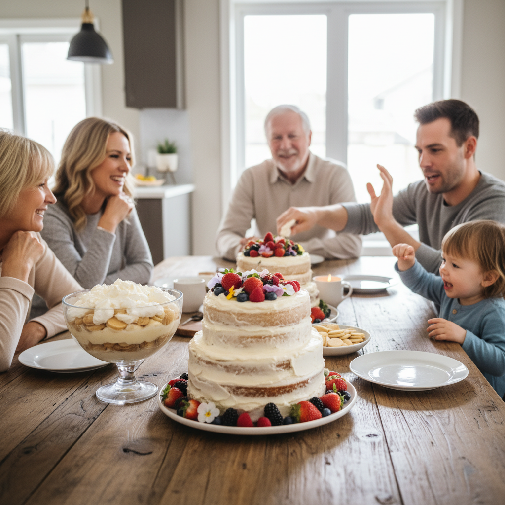 A cheerful kitchen scene showing a home baker adding sour cream or buttermilk to a cake mix, chill no-bake desserts in the fridge, and children helping to decorate desserts, emphasizing personal tips for baking family celebration desserts.