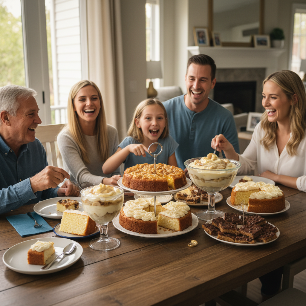 Traditional Southern family recipes displayed on a rustic wooden table, including peach cobbler and banana pudding, with elements symbolizing cultural and family heritage and the passing down of edible heirlooms.