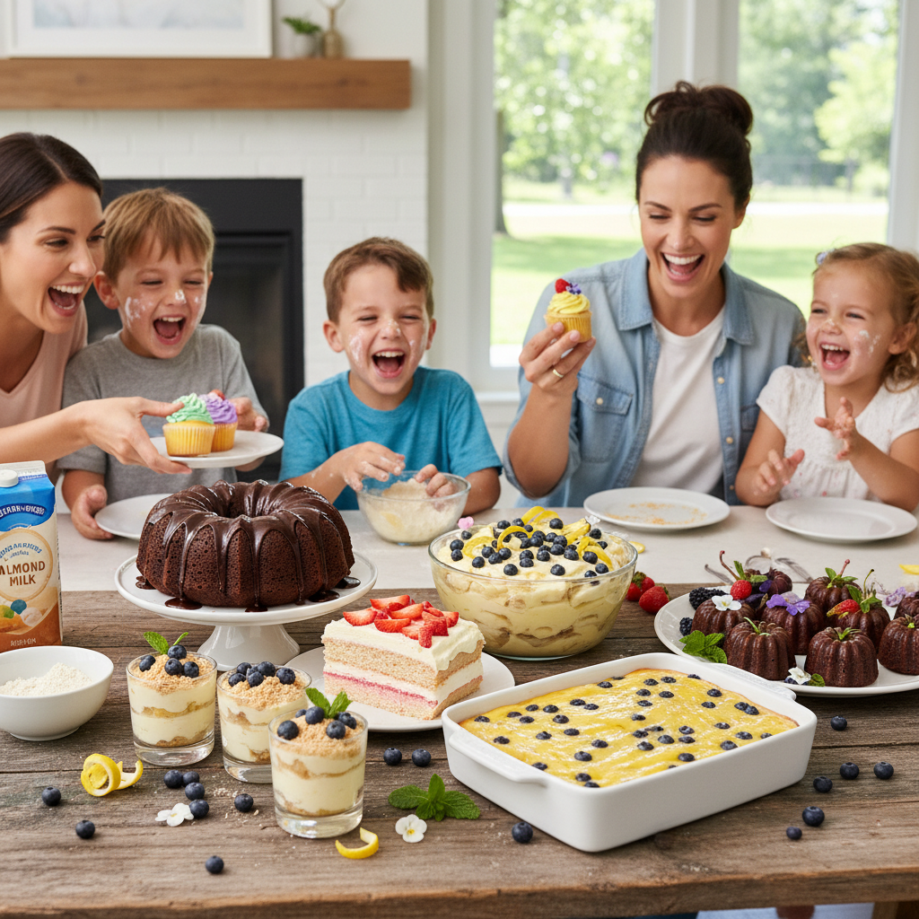 A close-up of a moist chocolate bundt cake with glossy ganache glaze, next to an easy strawberry cake with cream cheese frosting, banana pudding with vanilla wafers, and no-bake mini cheesecake parfaits, showcasing a variety of popular family celebration desserts.
