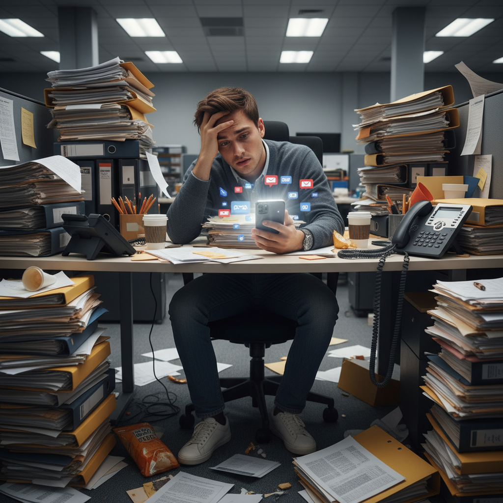 An overwhelmed office worker surrounded by piles of work and a buzzing phone, illustrating the buildup of burnout and stress at work.
