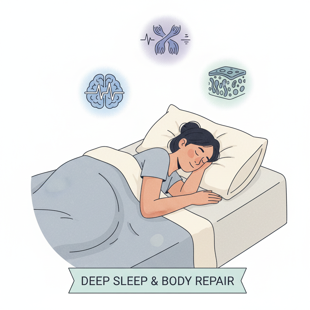 A cozy bedroom scene depicting the core steps of the bedtime routine: dimmed lights, a person turning off devices, a warm bath setup with lavender, gentle stretching or yoga pose, and herbal tea on a bedside table.