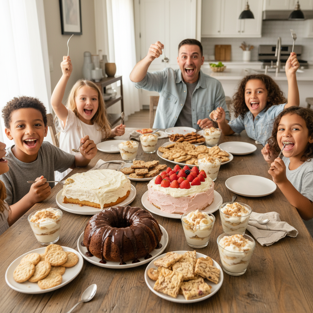 A cheerful scene of a family baking together in a kitchen: kids decorating cupcakes, allergy-friendly ingredients on the counter, and desserts garnished with fresh mint, berries, and edible flowers, emphasizing personal baking tips and presentation.