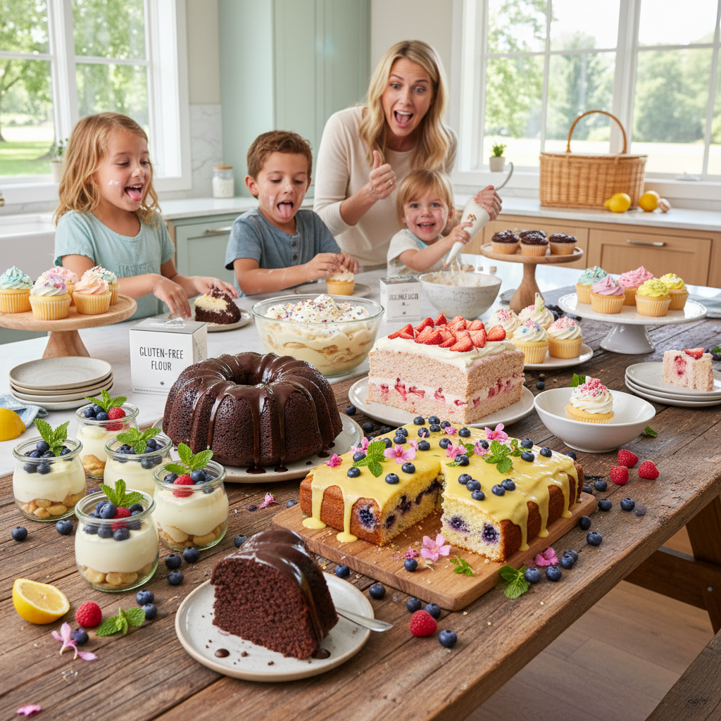 A warm, inviting family gathering around a table enjoying moist and easy desserts, with cakes, bars, and no-bake treats prominently displayed.