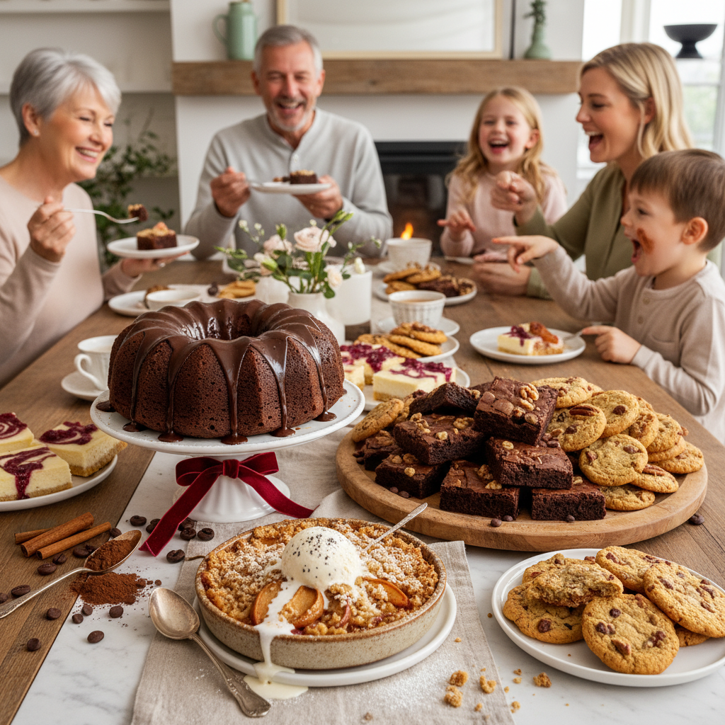 A warm and inviting family gathering around a table, sharing and enjoying a variety of delicious desserts, highlighting the joy and memories desserts bring to family celebrations.